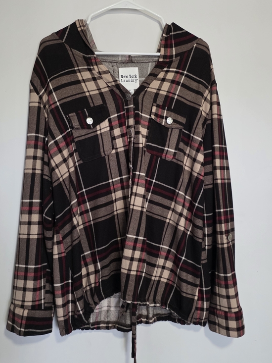 New York Laundry Tops - Brown & Burgundy Plaid Shirt with Hood, Size XL, New York Laundry